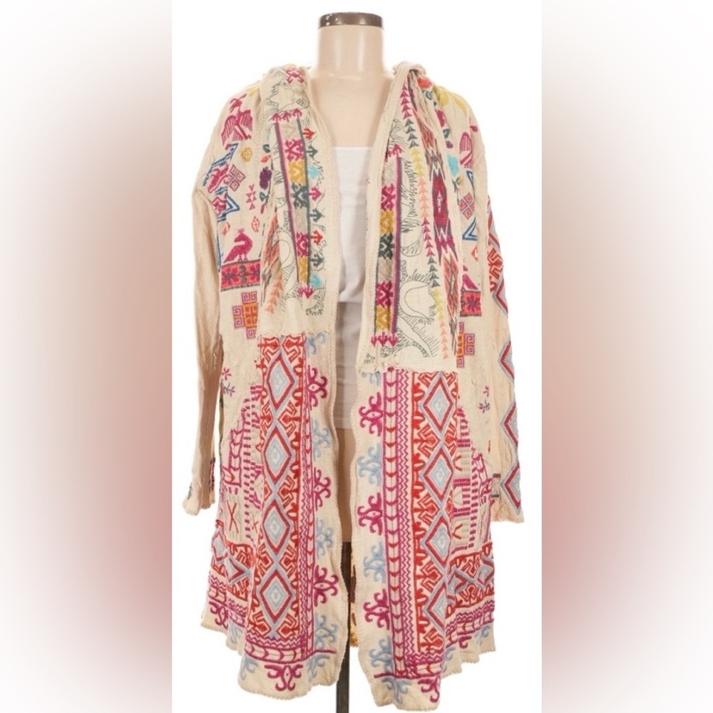 🦄 Johnny Was BIYA Embroidered Hooded Boho Cardigan Jacket Ivory Festival, medium
